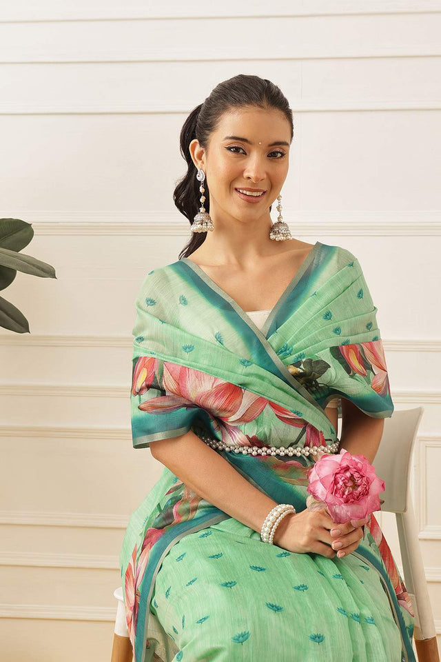 Dark Green Floral Printed Cotton Blend Saree (SZKLD000-3151)