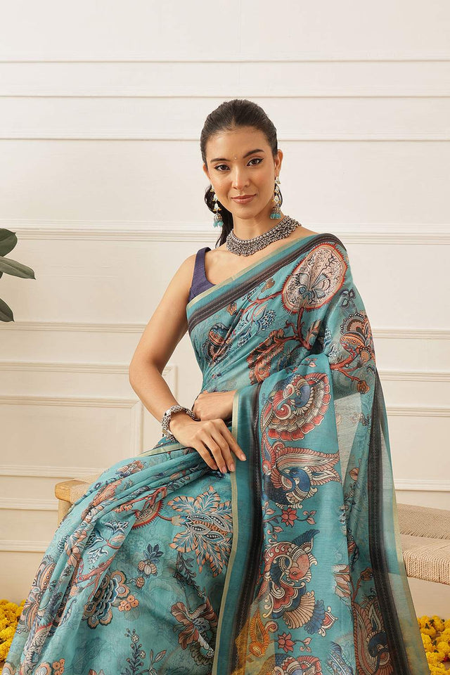 Turquoise Kalamkari Printed Cotton Blend Saree (SZKLD000-3152)