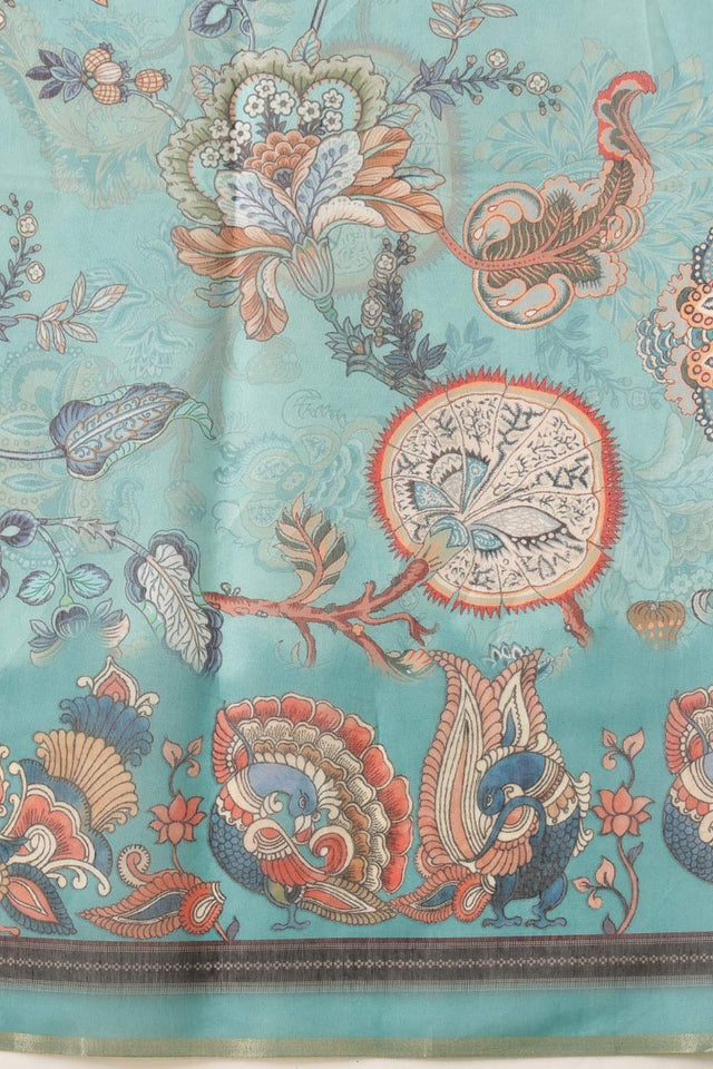 Turquoise Kalamkari Printed Cotton Blend Saree (SZKLD000-3152)