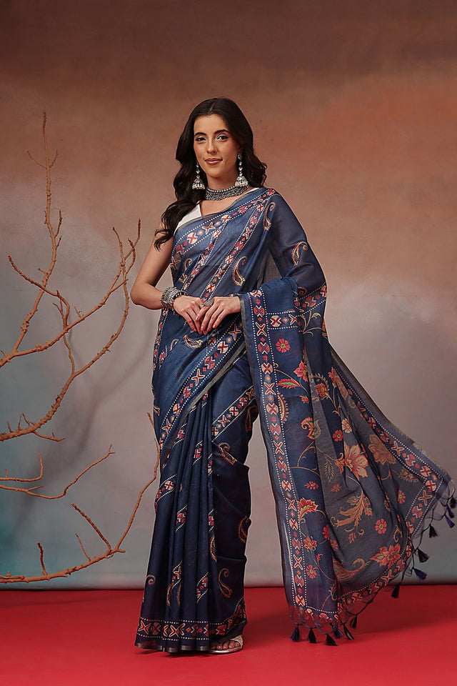 Navy Blue Floral Printed Cotton Blend Saree (SZKLD000-3172)