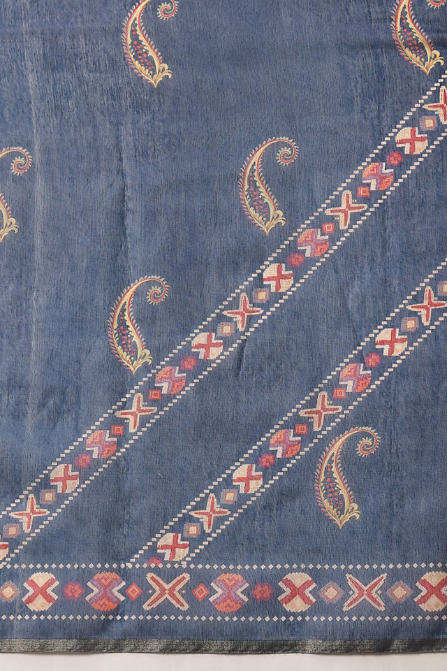 Navy Blue Floral Printed Cotton Blend Saree (SZKLD000-3172)