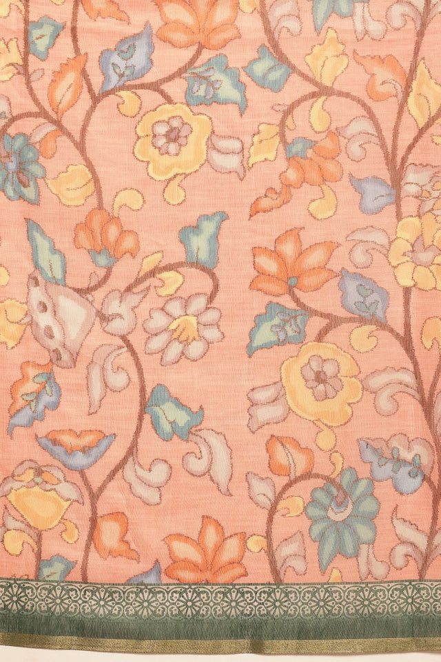 Peach Floral Printed Cotton Blend Saree (SZKLD000-3209)