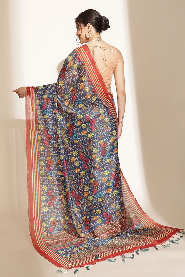 Blue Floral Printed Cotton Blend Saree (SZKLD000-3210)