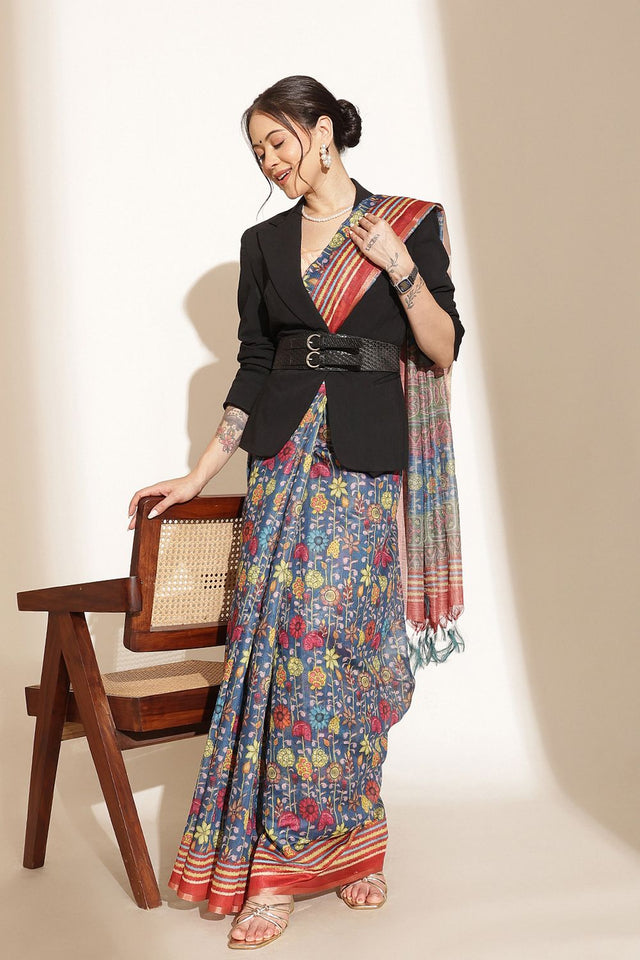 Blue Floral Printed Cotton Blend Saree (SZKLD000-3210)