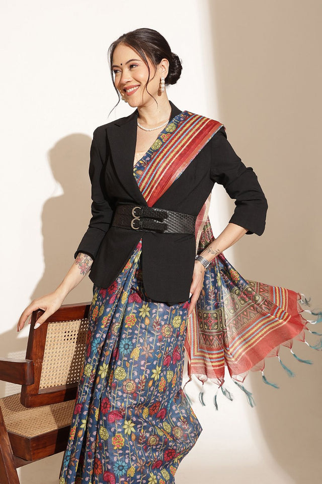 Blue Floral Printed Cotton Blend Saree (SZKLD000-3210)