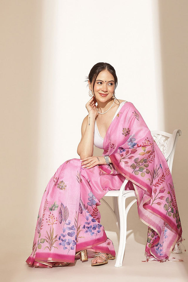 Pink Floral Printed Cotton Blend Saree (SZKLD000-3211)