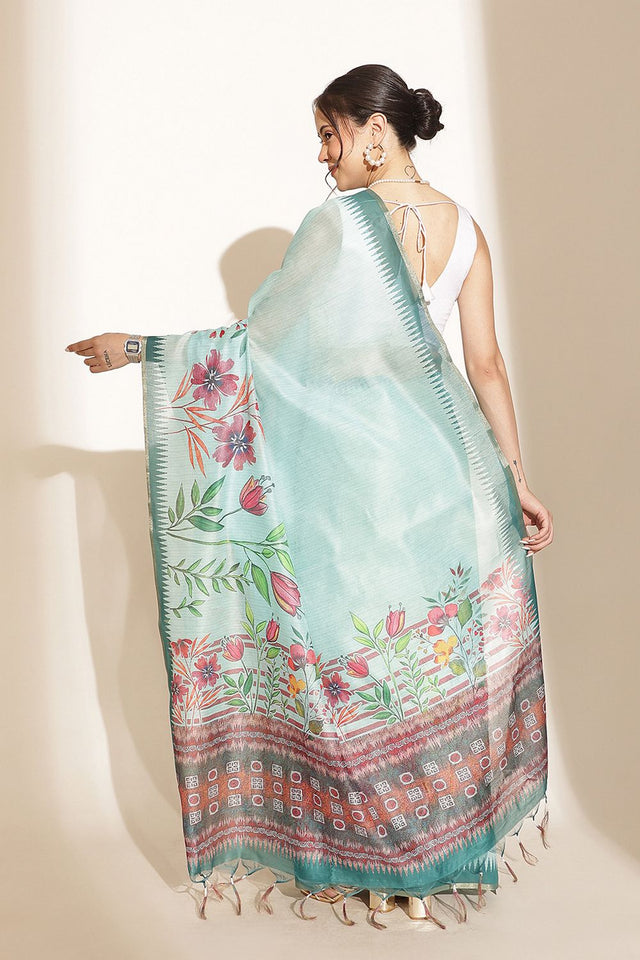 Turquoise Floral Printed Cotton Blend Saree (SZKLD000-3212)