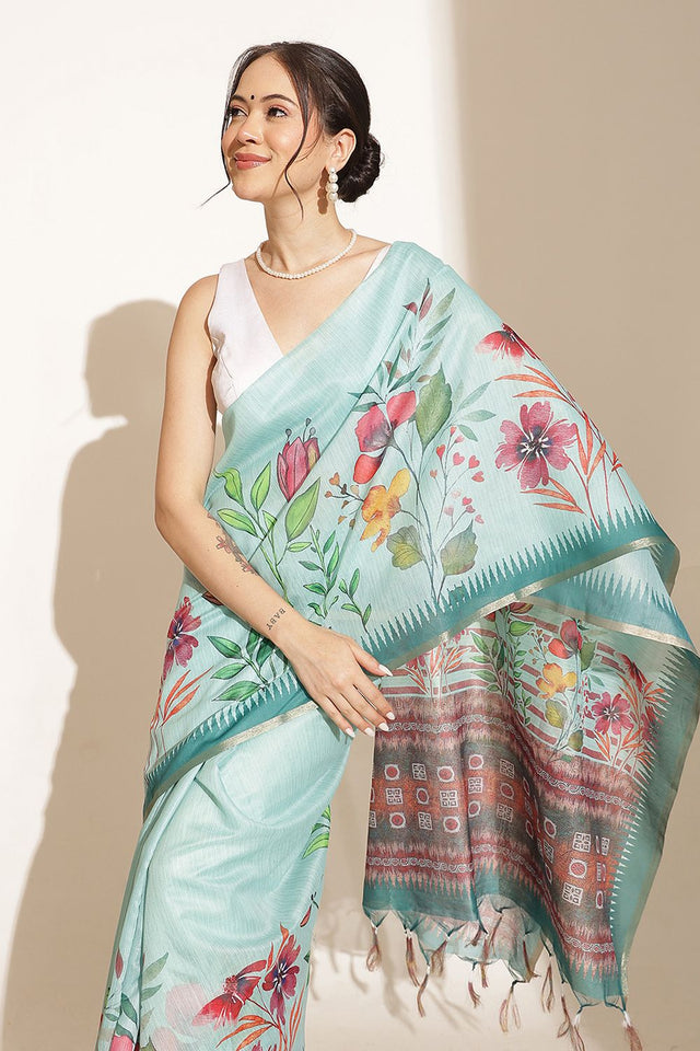 Turquoise Floral Printed Cotton Blend Saree (SZKLD000-3212)