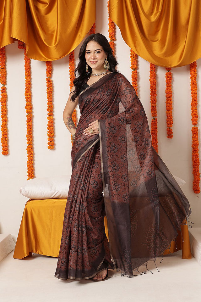 Brown Floral Printed Cotton Blend Saree (SZKLD000-3288)