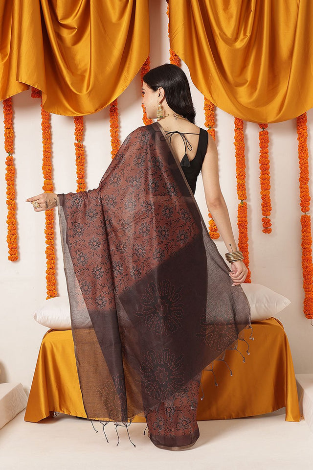 Brown Floral Printed Cotton Blend Saree (SZKLD000-3288)