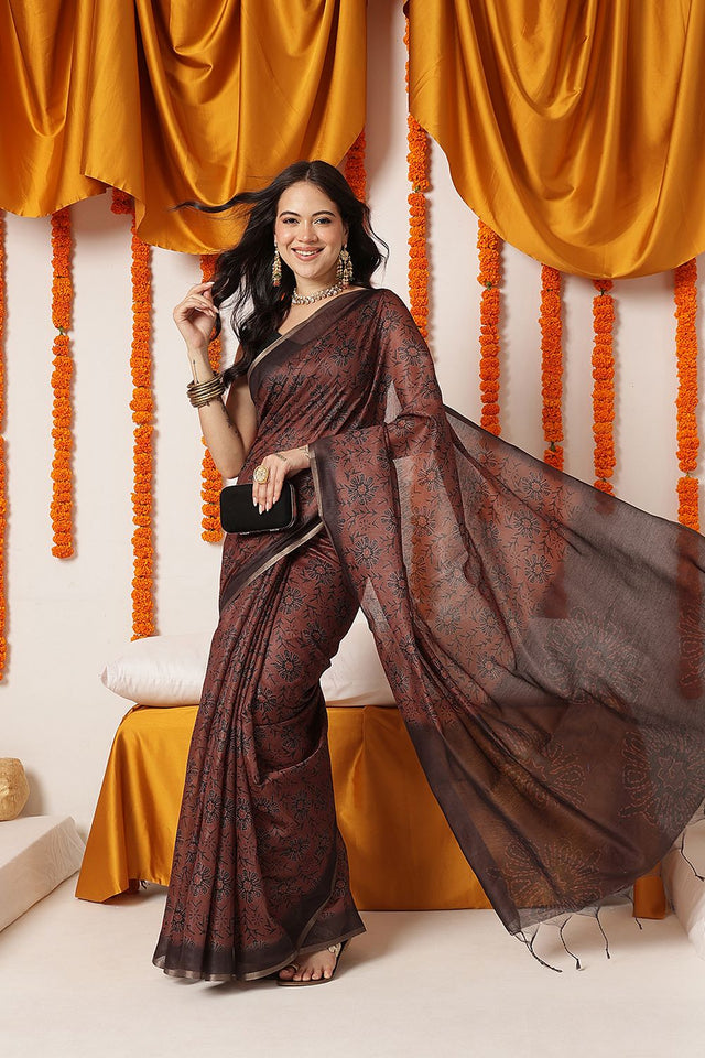Brown Floral Printed Cotton Blend Saree (SZKLD000-3288)