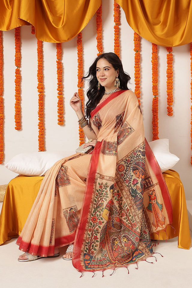 Beige Madhubani Printed Cotton Blend Saree (SZKLD000-3289)