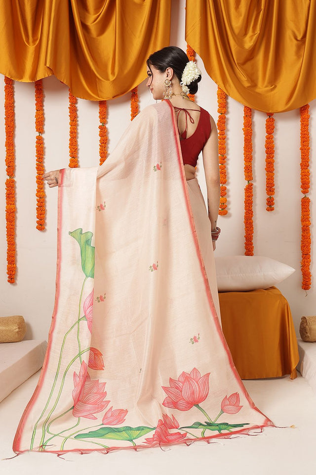 Beige Floral Printed Cotton Blend Saree (SZKLD000-3294)