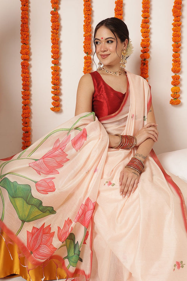 Beige Floral Printed Cotton Blend Saree (SZKLD000-3294)