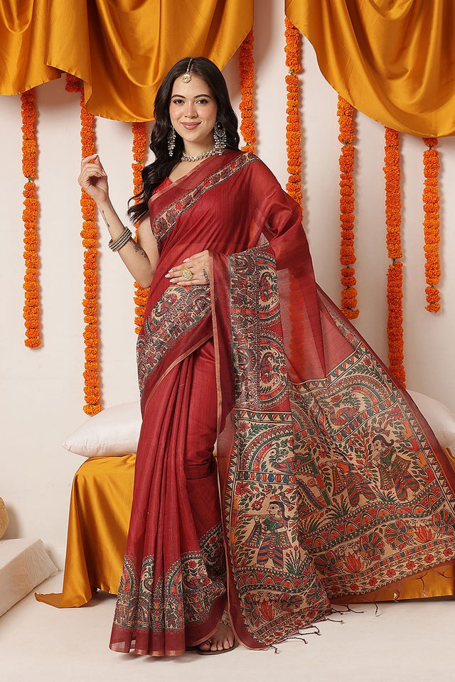 Maroon Madhubani Printed Cotton Blend Saree (SZKLD000-3295)