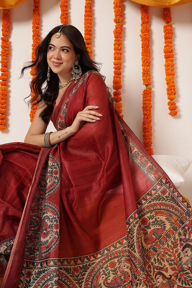 Maroon Madhubani Printed Cotton Blend Saree (SZKLD000-3295)