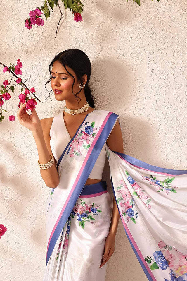 White Floral Printed Chiffon Ready to Wear Saree