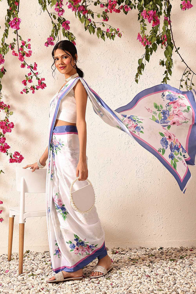 White Floral Printed Chiffon Ready to Wear Saree