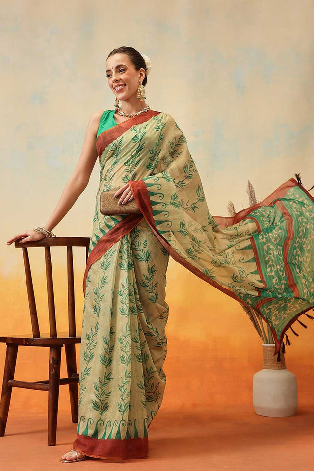 Beige Floral Printed Cotton Blend Ready to Wear Saree