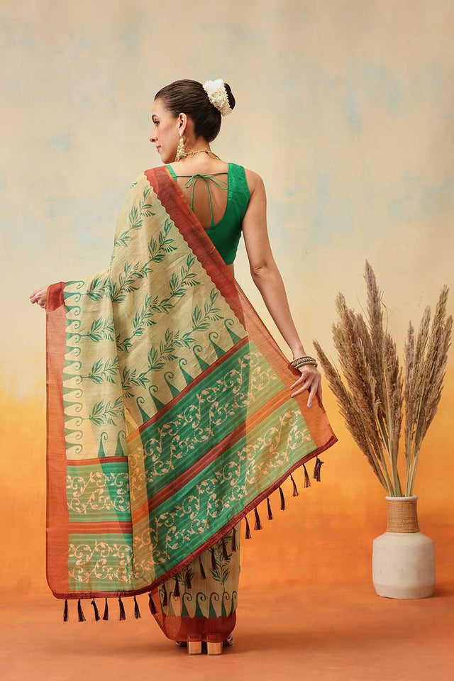 Beige Floral Printed Cotton Blend Ready to Wear Saree