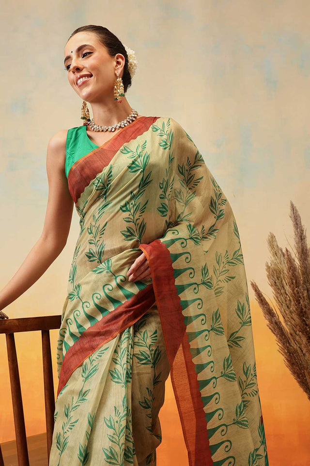 Beige Floral Printed Cotton Blend Ready to Wear Saree