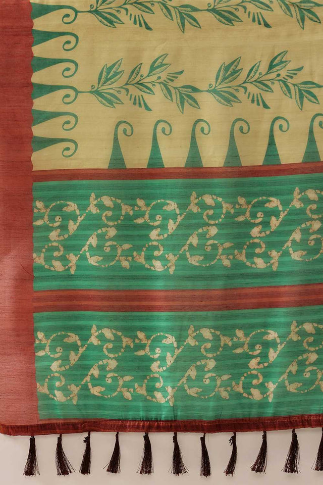Beige Floral Printed Cotton Blend Ready to Wear Saree