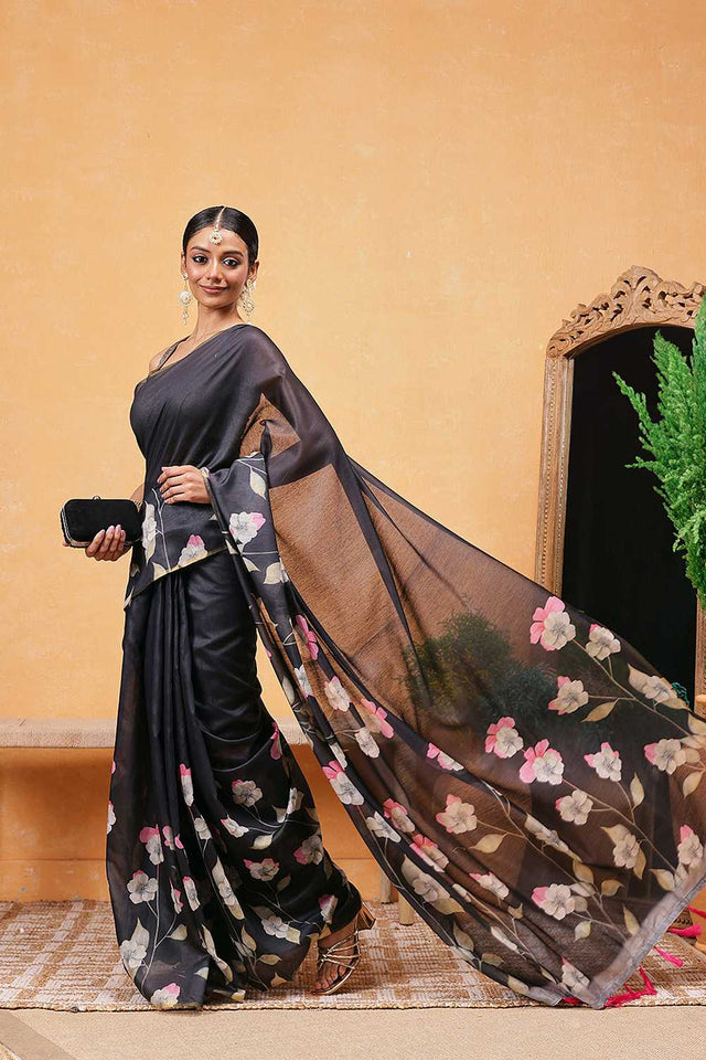 Black Floral Printed Cotton Blend Ready to Wear Saree