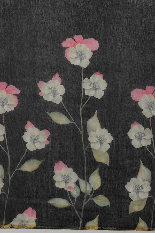 Black Floral Printed Cotton Blend Ready to Wear Saree