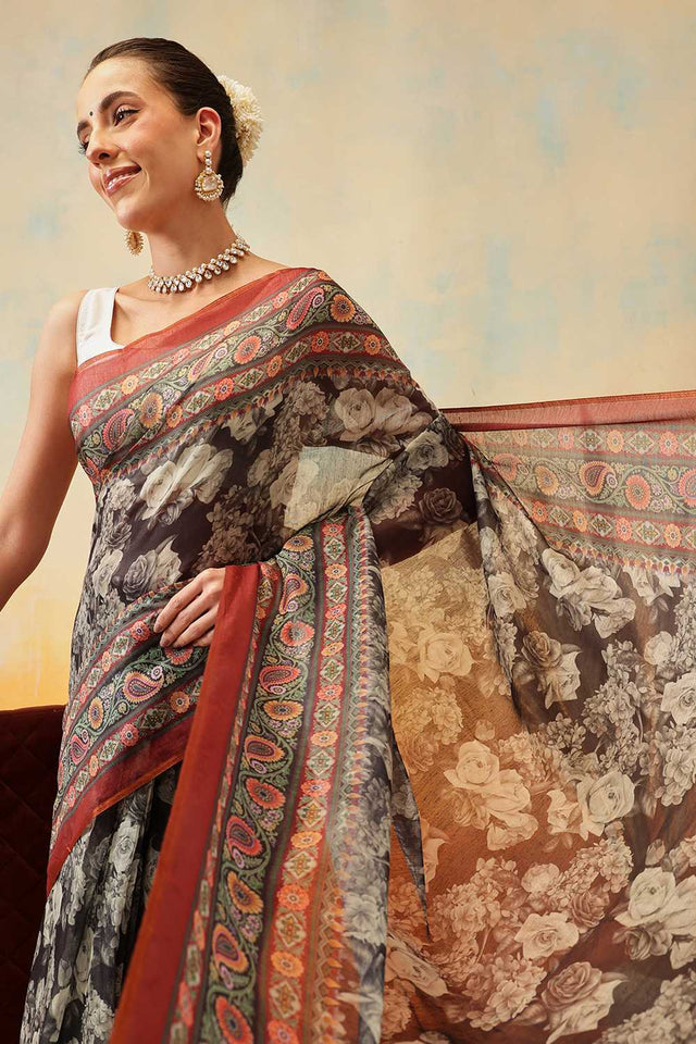 Multi Color Floral Printed Cotton Blend Ready to Wear Saree