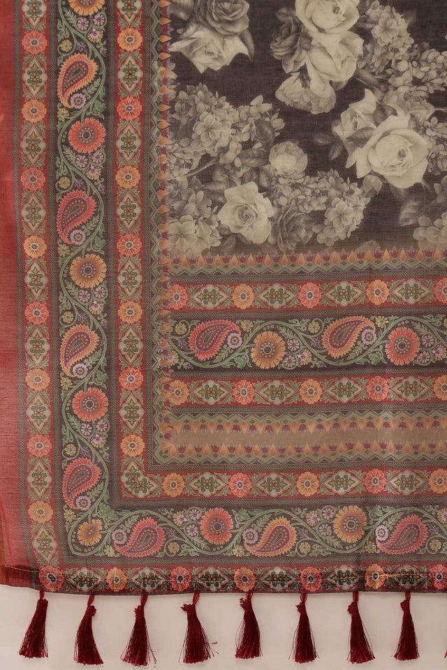 Multi Color Floral Printed Cotton Blend Ready to Wear Saree