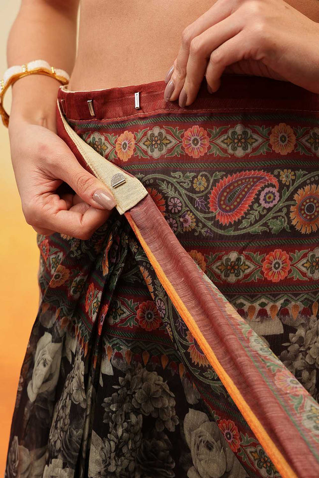 Multi Color Floral Printed Cotton Blend Ready to Wear Saree