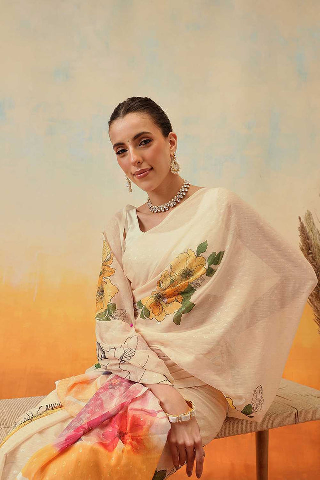 Yellow Floral Printed Chiffon Ready to Wear Saree