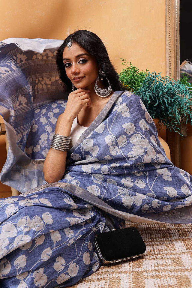 Blue Floral Printed Art Silk Ready to Wear Saree
