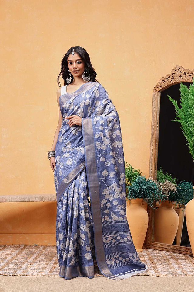 Blue Floral Printed Art Silk Ready to Wear Saree