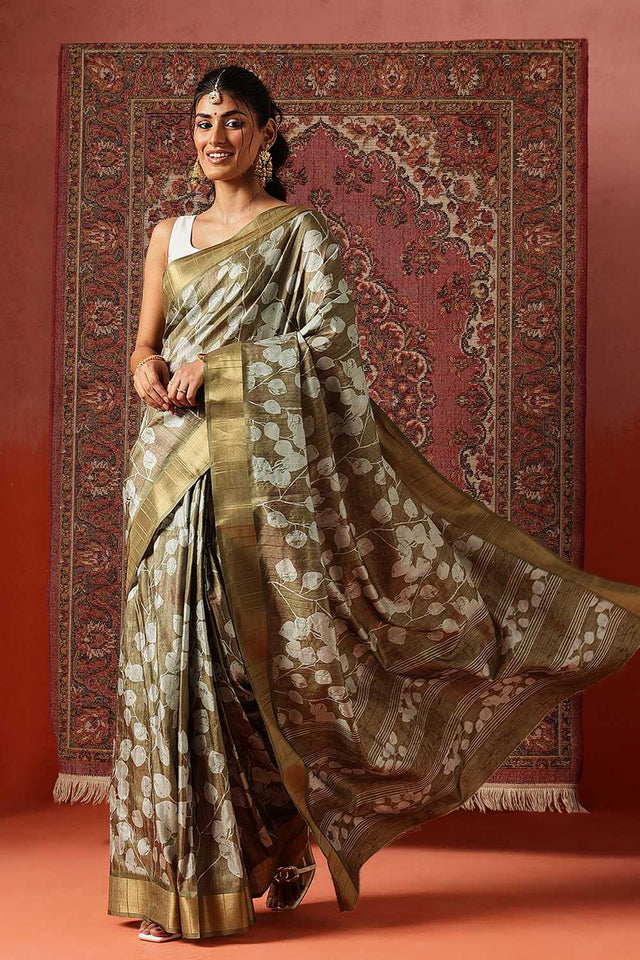 Olive Green Floral Printed Silk Ready to Wear Saree