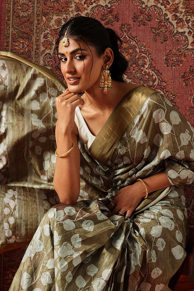 Olive Green Floral Printed Silk Ready to Wear Saree