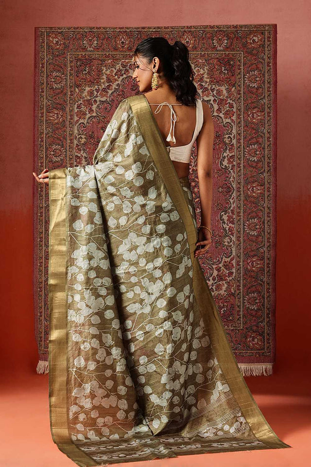 Olive Green Floral Printed Silk Ready to Wear Saree