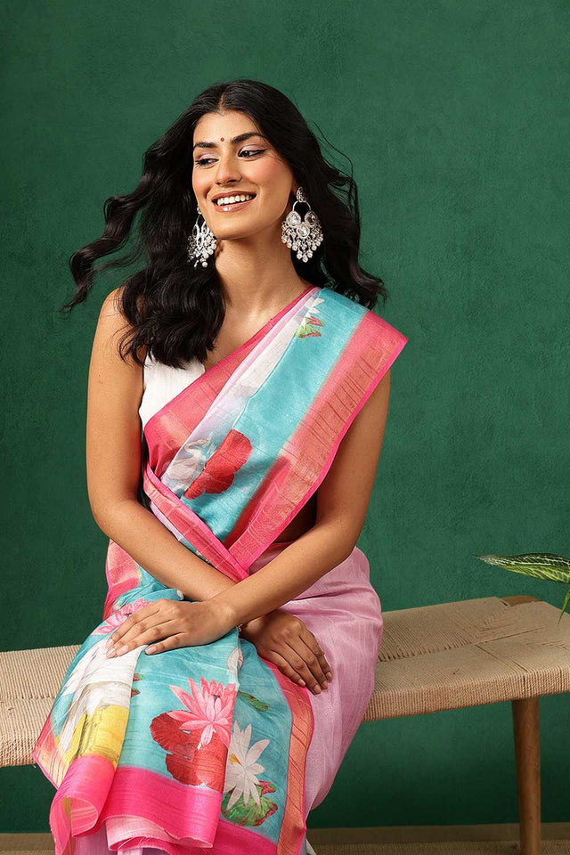Pink Abstract Printed Silk Ready to Wear Saree