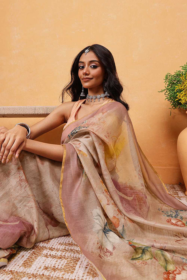 Beige Floral Printed Cotton Blend Ready to Wear Saree
