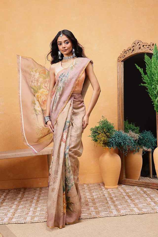 Beige Floral Printed Cotton Blend Ready to Wear Saree