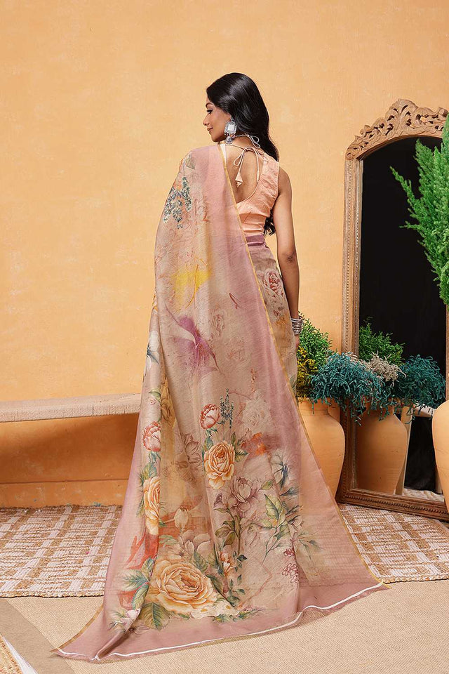 Beige Floral Printed Cotton Blend Ready to Wear Saree