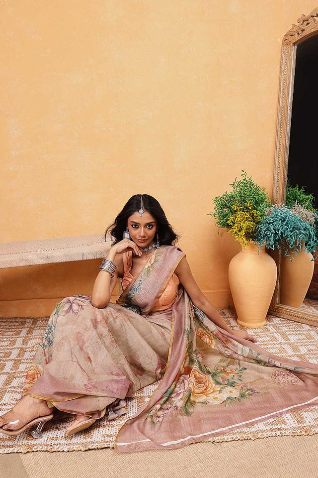 Beige Floral Printed Cotton Blend Ready to Wear Saree