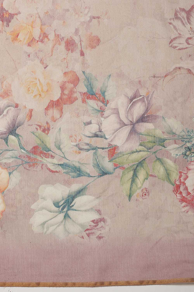 Beige Floral Printed Cotton Blend Ready to Wear Saree