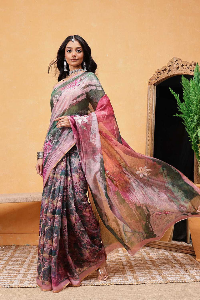 Multi Color Floral Printed Cotton Blend Ready to Wear Saree