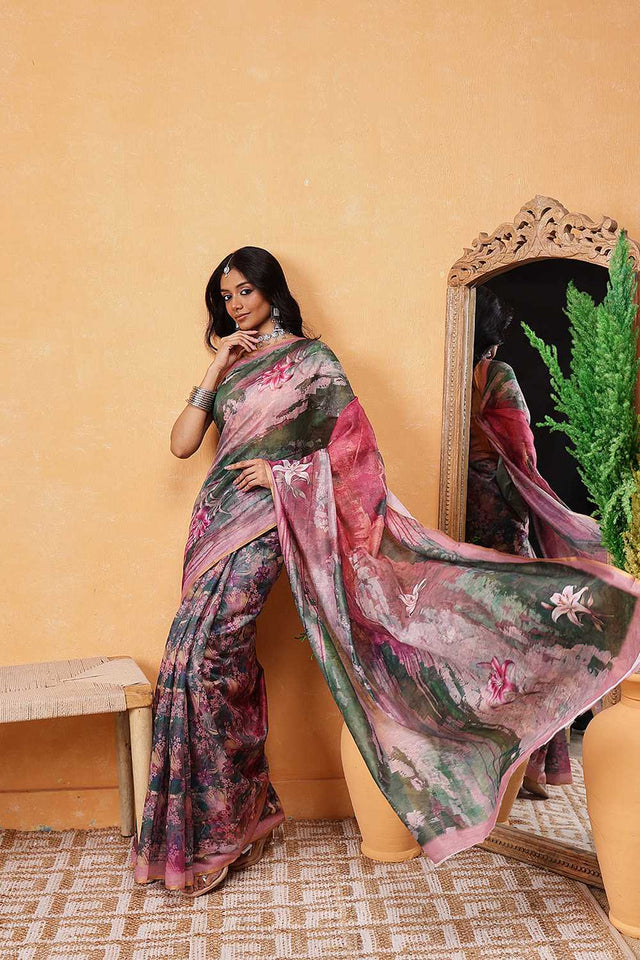 Multi Color Floral Printed Cotton Blend Ready to Wear Saree