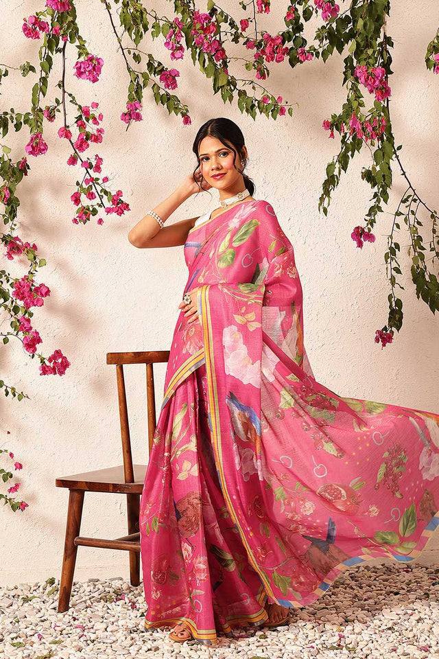 Pink Abstract Printed Cotton Blend Ready to Wear Saree