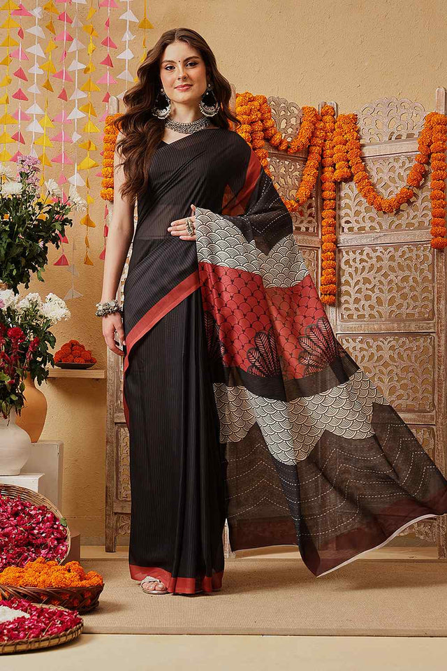Black Printed Cotton Ready to Wear Saree