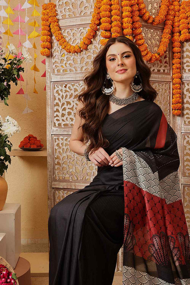 Black Printed Cotton Ready to Wear Saree