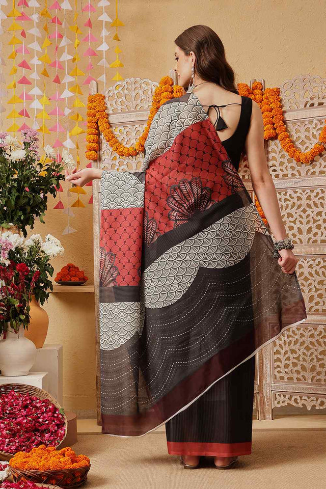 Black Printed Cotton Ready to Wear Saree