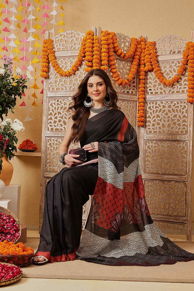 Black Printed Cotton Ready to Wear Saree